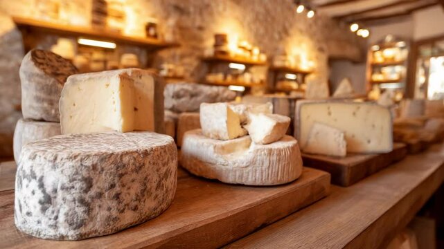 Assortment of cheeses on a wooden display