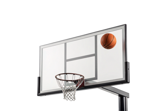 Basketball approaching hoop with clear backboard and white net on black pole support system, isolated on a transparent background