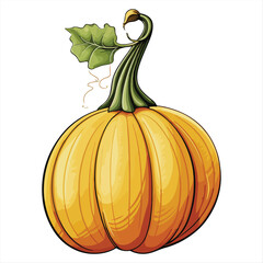 A vibrant illustration of a ripe pumpkin with a green stem and leaf