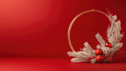 Gold hoop wreath on red backdrop