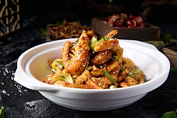 Hot Pot Squid Rolls with Potatoes, Cauliflower and Prawns