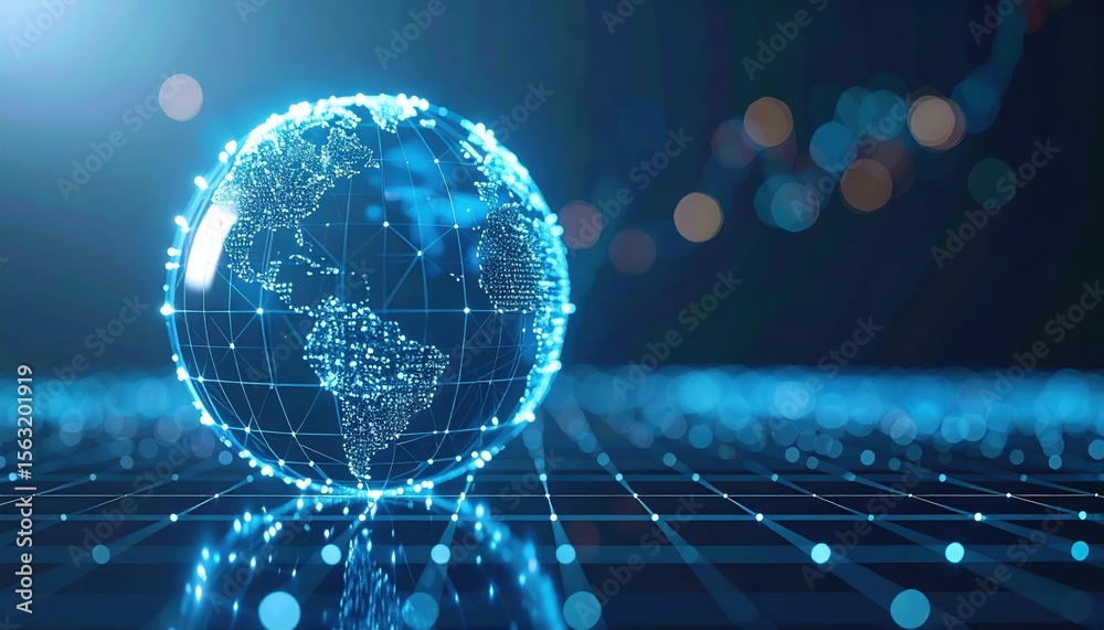 Poster highly detailed digital globe with interconnected data points and glowing network lines representing