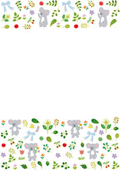 コアラと花と葉っぱと果物のフラットフレーム 縦2 Koala & Fruits & Leaves Frame Flat Illustration