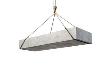 Rectangular concrete beam suspended by crane with steel cables and lifting points for construction, isolated on a transparent background