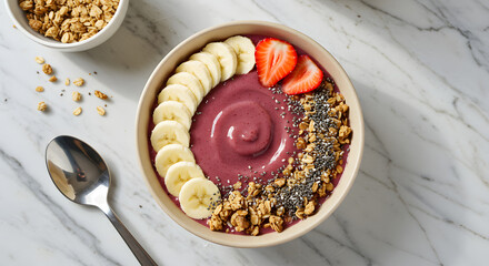Delicious smoothie bowl with fresh fruit, granola, and chia seeds, ready to eat.
