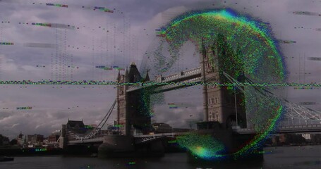 Artifact lines drifting over Tower Bridge while particles swirling into glitch sphere then fading - Powered by Adobe