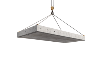 Hollow concrete panel being lifted by crane with steel cables and multiple attachment points, isolated on a transparent background