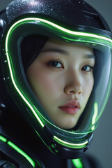 portrait of a young woman in futuristic helmet
