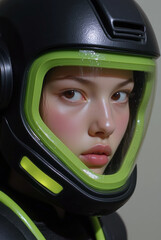 portrait of a young woman in futuristic helmet
