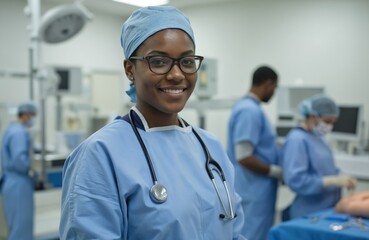 Portrait of smiling African American woman surgeon in operating room. Female doctor in surgical uniform wearing glasses, stethoscope. Healthcare pro ready to work, showing confidence in hospital.
