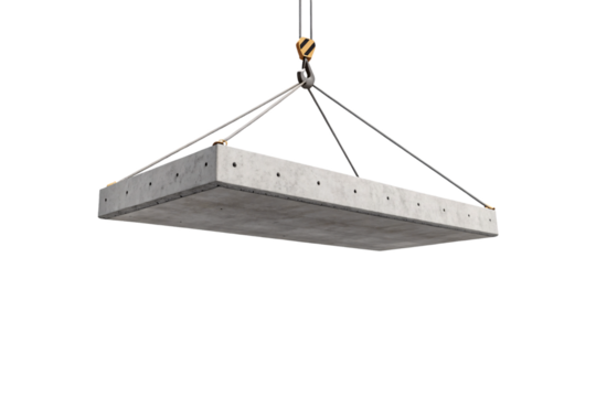 Hollow concrete panel being lifted by crane with steel cables and multiple attachment points, isolated on a transparent background