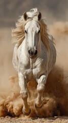 Majestic white horse gallops through desert sand during golden hour, showcasing strength and grace in its movement