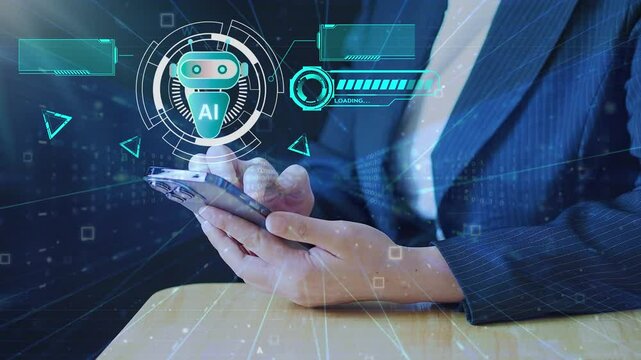 Businesswoman interacts with an AI-powered virtual assistant chatbot, representing prompt engineering and the use of large language models with deep learning to support work using generative AI.