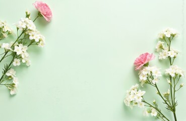 Delicate flat lay floral background with white flowers and pink carnations on light green surface. Romantic gentle pastel color palette, ideal for wedding invitation card design or spring celebration.