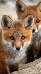 Naklejka premium Two playful red fox kits explore their sandy habitat in a tranquil natural setting during a sunny afternoon