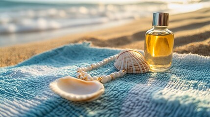 Shell necklace and summer scent bottle on beach towel .