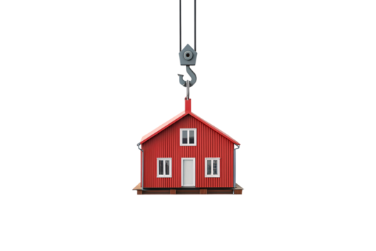 Red wooden house model being lifted by construction crane hook mechanism, isolated on a transparent background