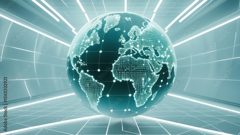Poster futuristic digital globe with interconnected data points and glowing map illuminated in a high-tech 