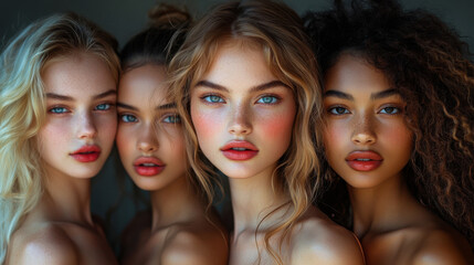 Obraz premium Group of women with diverse looks and striking expressions, gathered together indoors