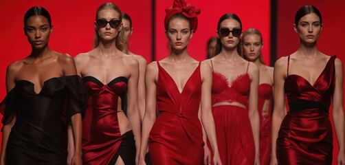 Obraz premium Models present designer clothes on red runway. Fashion show collection on stage. Women walk catwalk, posing in stylish dresses. Fashionable elegant trendy clothes on women figures. Glamour. Red