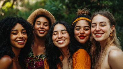Obraz premium Group of smiling women enjoying a sunny day outdoors in a lush garden setting while showcasing their friendship and joy
