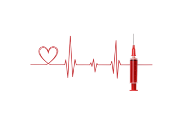 Red heartbeat line with heart symbol and medical syringe positioned at end, isolated on a transparent background