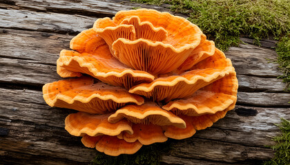 Vibrant Orange Oyster Mushroom Fungus on Mossy Forest Log Illustration