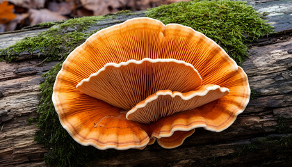 Vibrant Orange Shelf Fungi on Mossy Forest Log