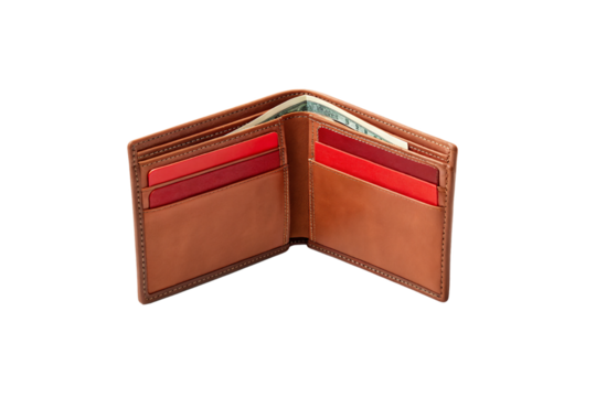 Brown leather bifold wallet with red card slots and dollar bills visible inside compartments, isolated on a transparent background