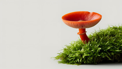 Vibrant Red Mushroom on Green Moss Against Light Background