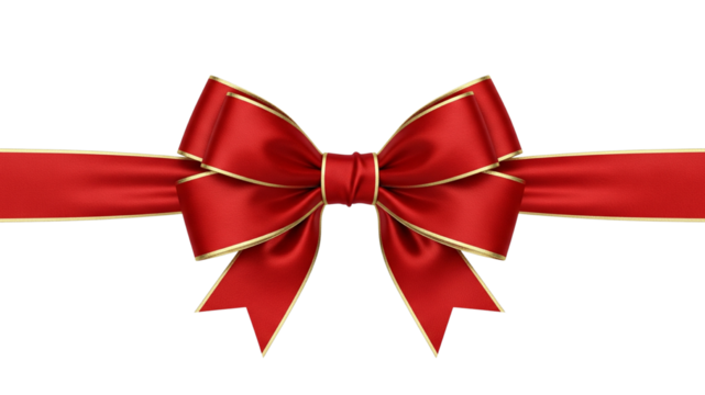 Red ribbon and bow with gold outline, isolated on transparent background