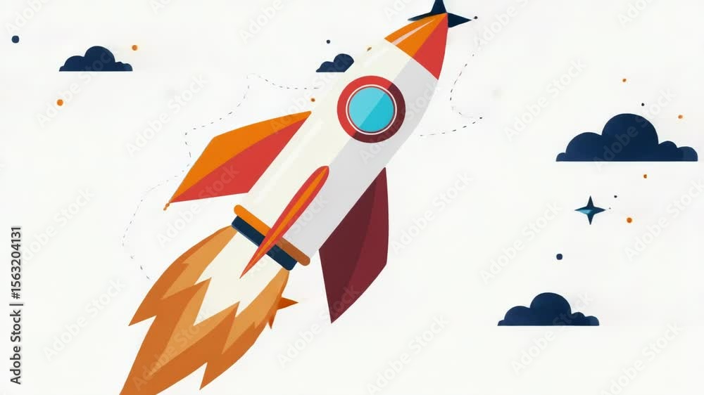 Poster a rocket soaring through the clear blue sky with a bold red and white color scheme