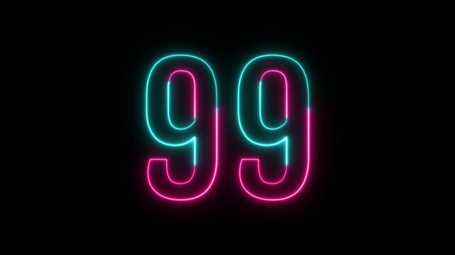 neon glow 99 text number sign animation on black background, neon colorful 99 numbers animated with alpha channel.