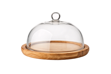 Modern glass bell jar with bamboo serving tray for elegant food presentation or storage, isolated on a transparent background