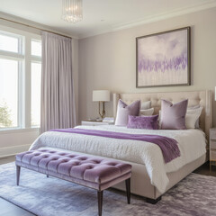 Modern bedroom interior with comfortable bed, contemporary furniture, and luxurious decor