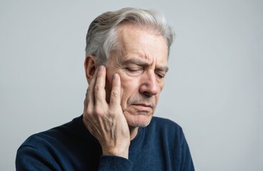 Handsome senior man isolated on grey background feels pain. Old man touches face, closes eyes. Concept about third age, seniority. Elderly person suffers from toothache earache. Medical treatment,