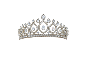Elaborate crystal tiara with multiple tiers, featuring teardrop gems and detailed silver metalwork craftsmanship, isolated on a transparent background