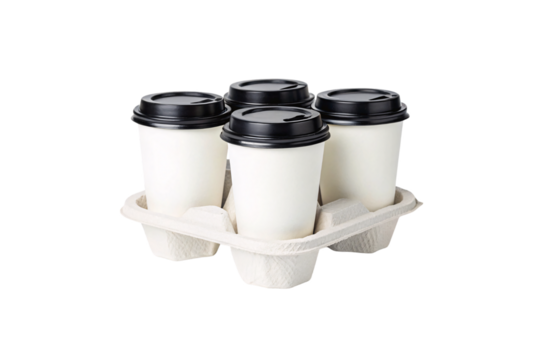 Four white disposable coffee cups with black lids arranged in cardboard carrier tray, isolated on a transparent background