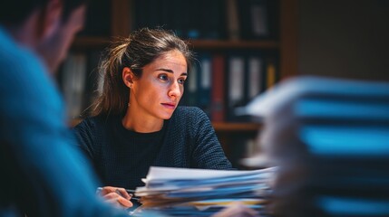 Social worker assisting migrants with paperwork and legal documents, sense of guidance and support, focus on integration and rights, office setting with files and forms. High quality