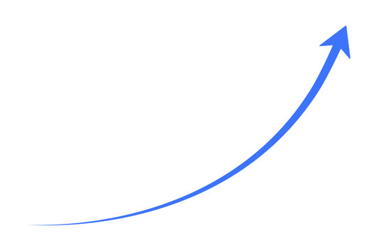 A bright blue upward curving arrow indicating progress and growth isolated on transparent background