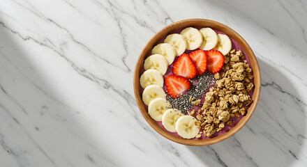 A vibrant smoothie bowl with fresh fruit toppings, healthy breakfast.