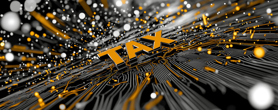 Neon-lit "TAX" text floating in mid-air above a digital city backdrop, surrounded by glowing circuitry