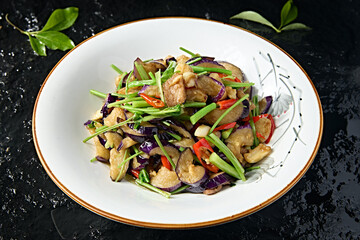 Braised pork belly with cilantro, garlic, rice pepper and eggplant with skin