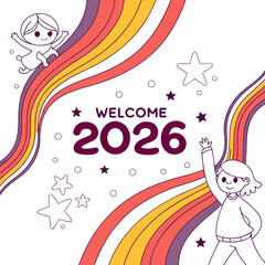 Happy children celebrating new year with rainbow waves