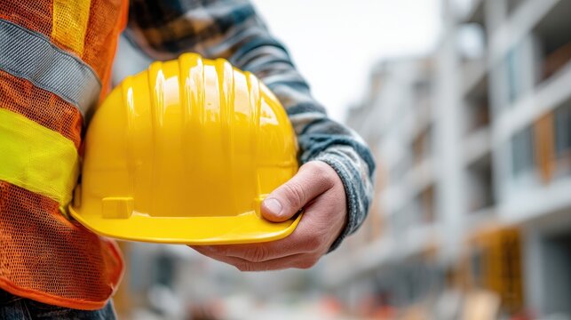 building, protective gear and people concept - close up of builder holding yellow hardhat or helmet at construction site, no logos, no brands