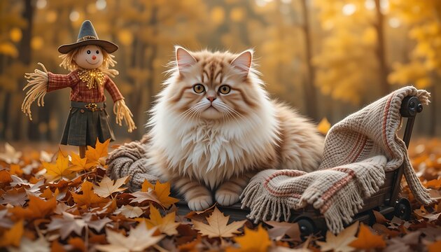 A fluffy, long-haired golden cat with expressive eyes sits calmly amidst a bed of vibrant fallen autumn leaves, with a rustic scarecrow figure in the blurred background, creating a cozy and picturesqu - Powered by Adobe