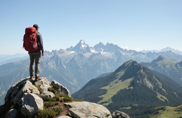 Fototapeta premium Hiker with red backpack stands on cliff edge looking at mountain range. Man enjoys sunny day at top. Adventure in nature, escapism, active lifestyle, travel concept. Scenic Bavaria Alps landscape.