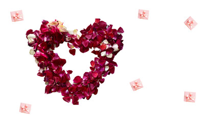 Heart Made of Red Rose Petals and Pink Gift Boxes on a Transparent Background