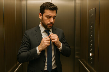Businessman adjusting tie with serious expression in modern elevator interior
