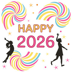 Happy celebration with colorful swirls and dancing figures